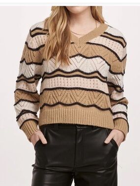 Dear John Boho Knit Sweater Large Neutral Cream Tan Black Metallic Stripe V Neck